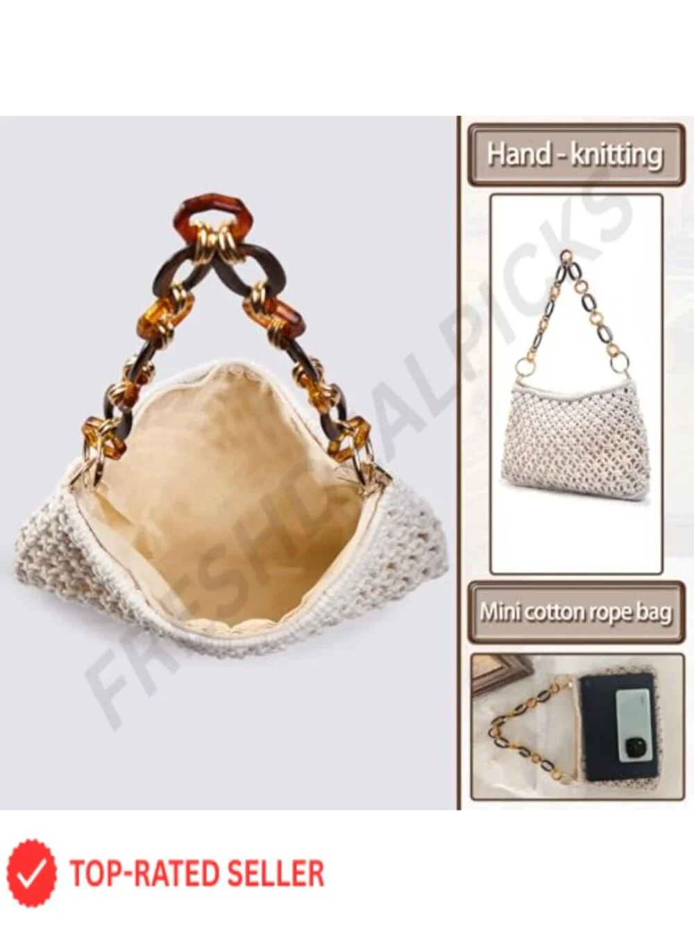Handmade Crochet Beach Purse with Acrylic Chain Strap, Cotton Rope Bucket Bag